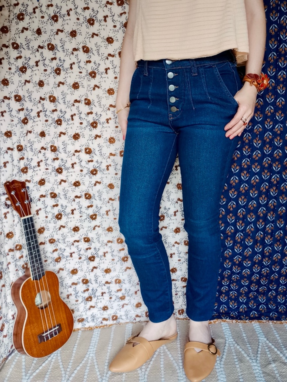 Anthro ❉ Pilcro Ultra High Rise Button Fly Skinny Jeans Size 24